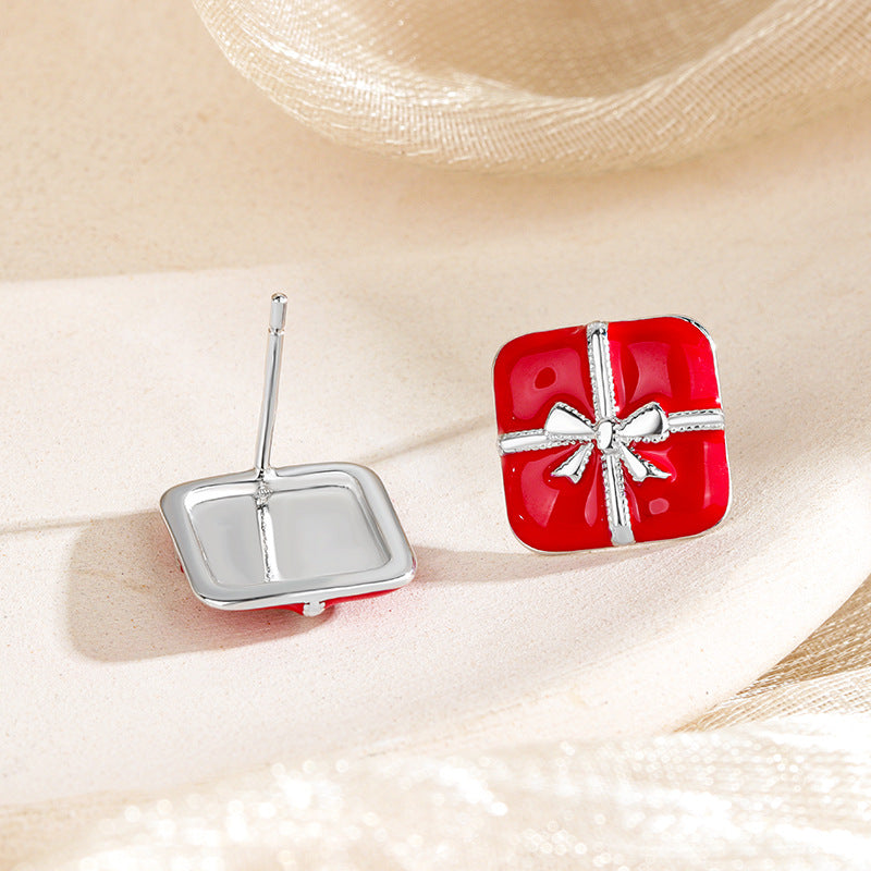 S925 Sterling Silver Red Christmas Gift Box Stud Earrings