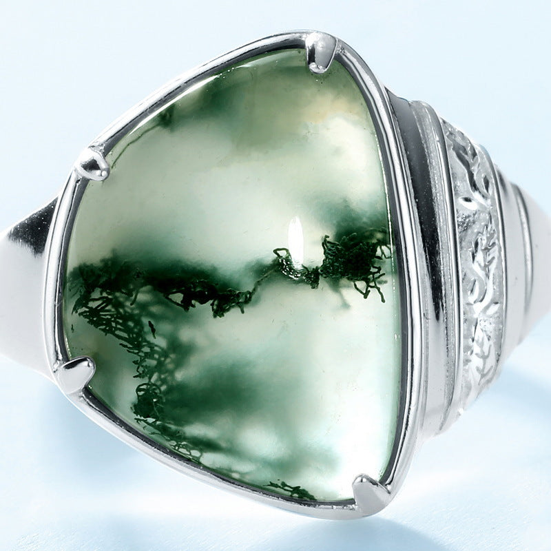 S925 Sterling Silver Geometric Irregular Moss Stone Ring