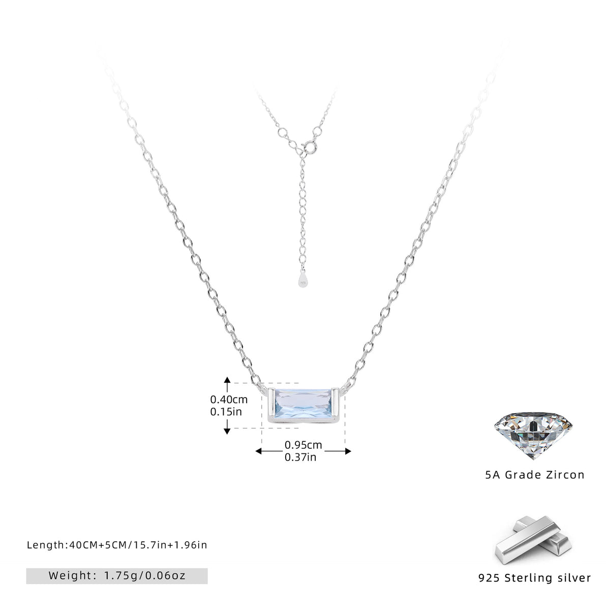 Rectangular colored zircon s925 sterling silver December birthstone collar necklace