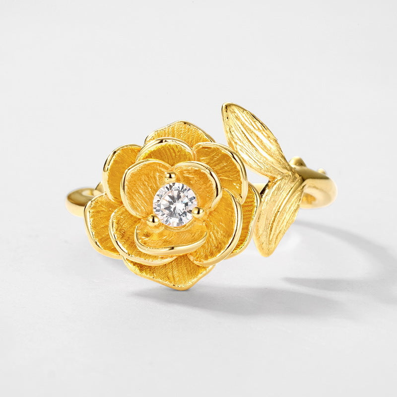 S925 Sterling Silver Gold-Plated Camellia Zircon Ring