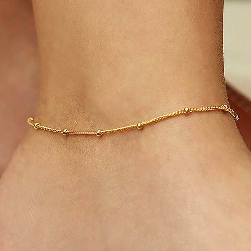 S925 Sterling Silver Vintage 14K Gold Classic Small Beads Anklet