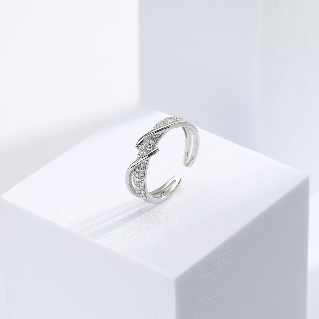 Minimalist style zircon-set open-style index finger ring, S925 sterling silver, intertwined design, understated luxury