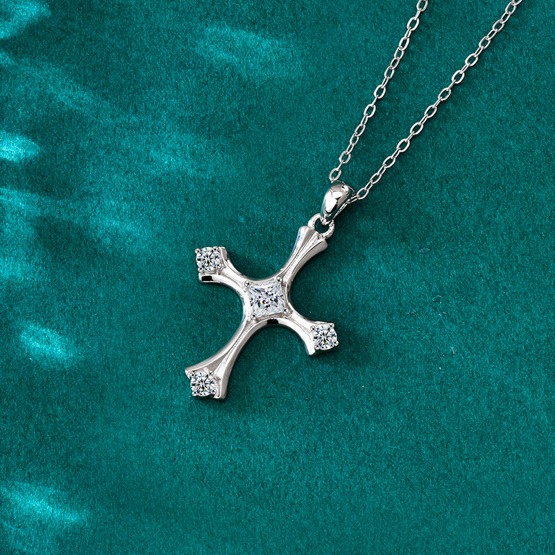 S925 Sterling Silver Moissanite Cross Square Pendant Necklace
