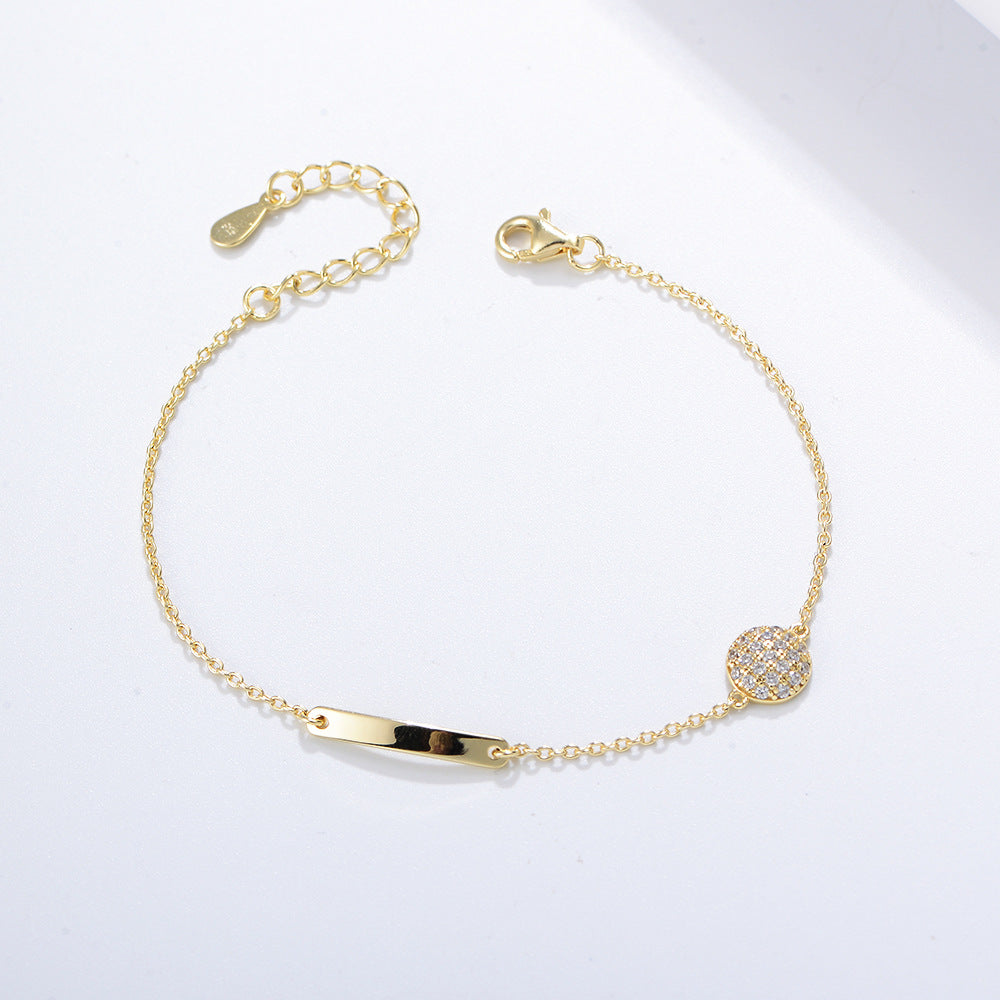 S925 Sterling Silver Geometry Glossy Long Chain Bracelet with Zircon Inlaid