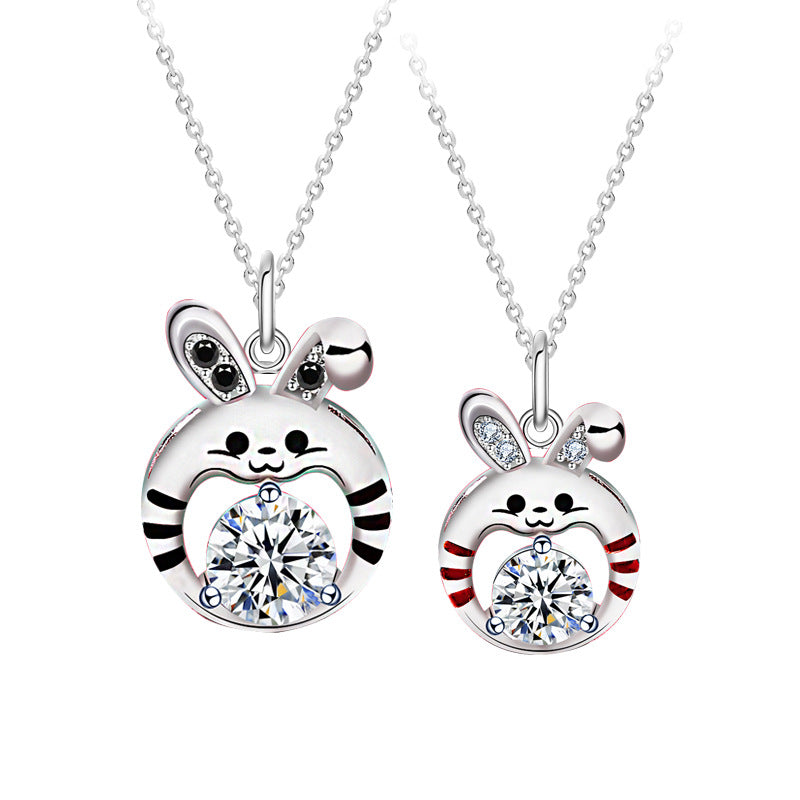 S925 Sterling Silver Moissanite Chinese Zodiac Sign of Rabbit Couple Pendant Necklace