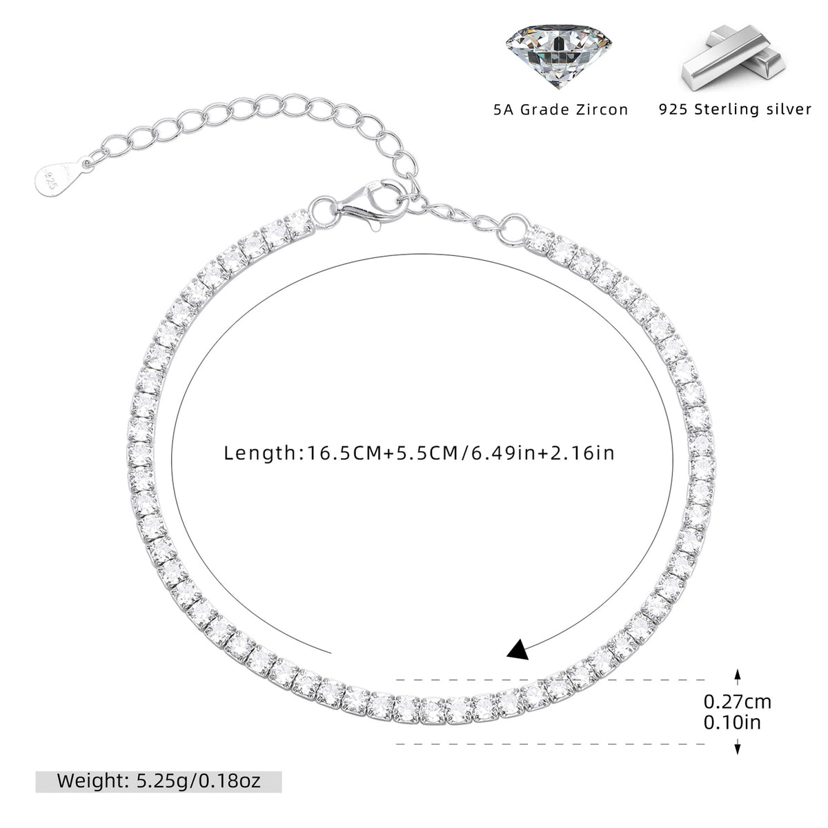 S925 Sterling Silver Four-Prong Cubic Zirconia Bracelet