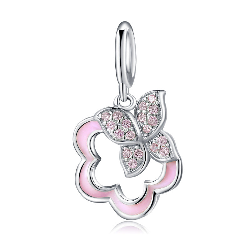 S925 Sterling Silver Zircon Pink Sakura Enamel Butterfly Pendant