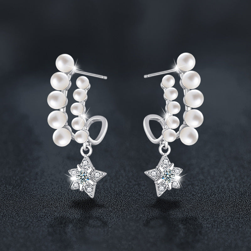 French elegance S925 sterling silver moissanite five-pointed star double-row pearl stud earrings