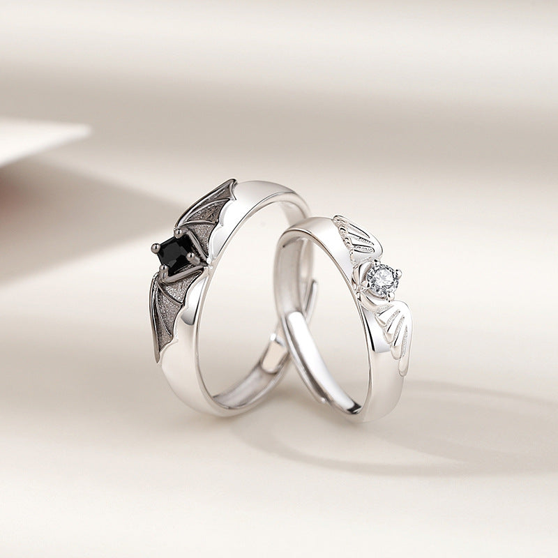 S925 Sterling Silver Halloween Angel & Devil Wing Open-Style Couple's Ring