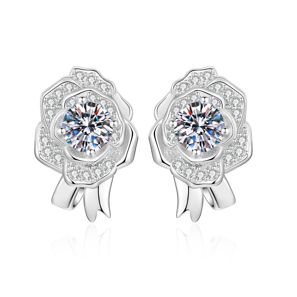 S925 Silver Camellia Stud Earrings with Moissanite