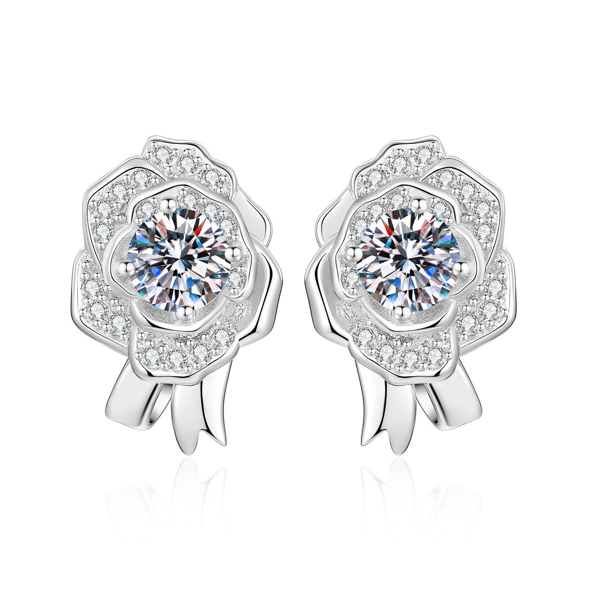S925 Silver Camellia Stud Earrings with Moissanite