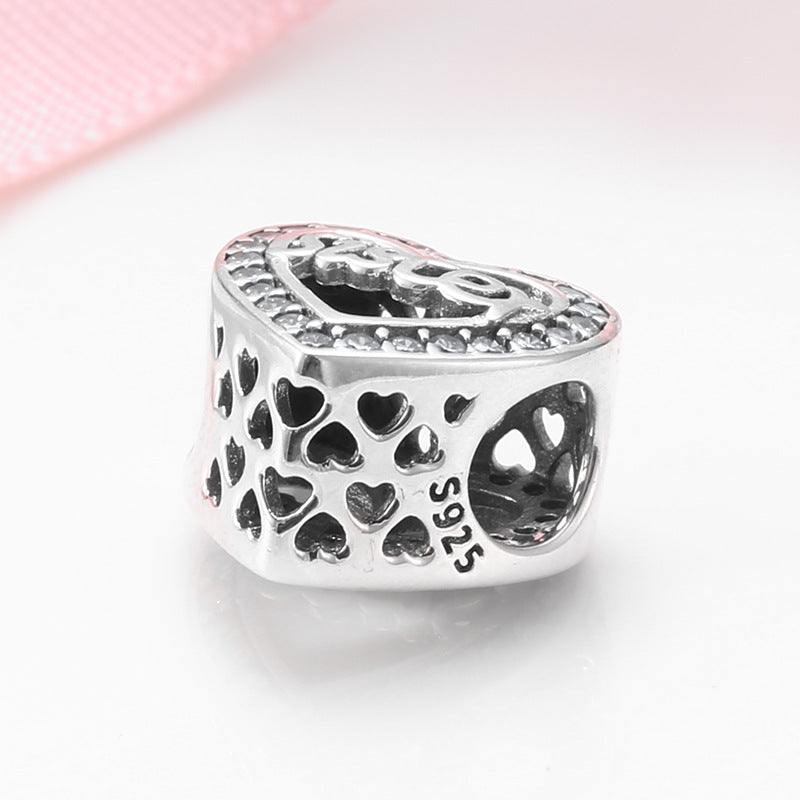 S925 Sterling Silver Inlaid Zircon Hollow Love Beaded Pendant