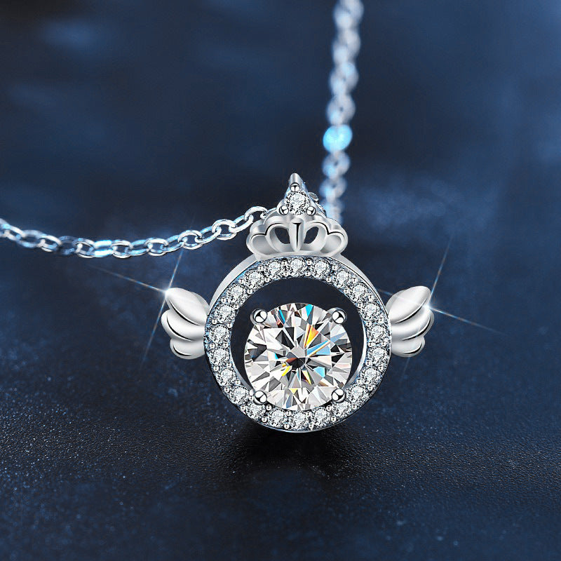 S925 Sterling Silver Moissanite Angel Wings Crown Pendant Necklace