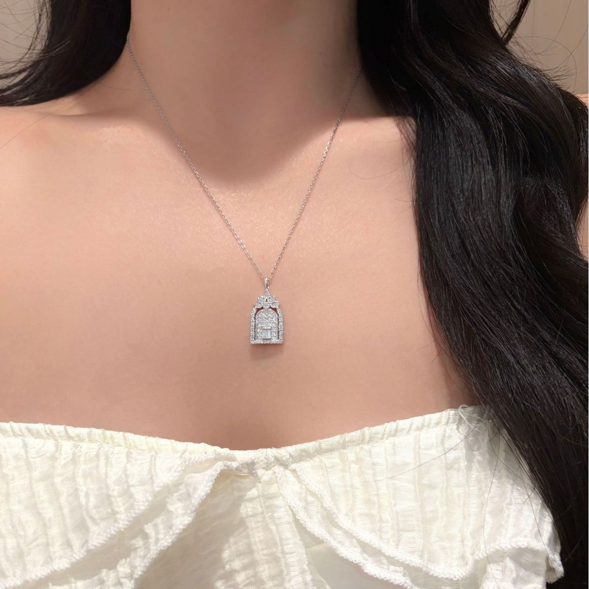 S925 Silver "Gate of Happiness" Castle Moissanite Birdcage Pendant Necklace