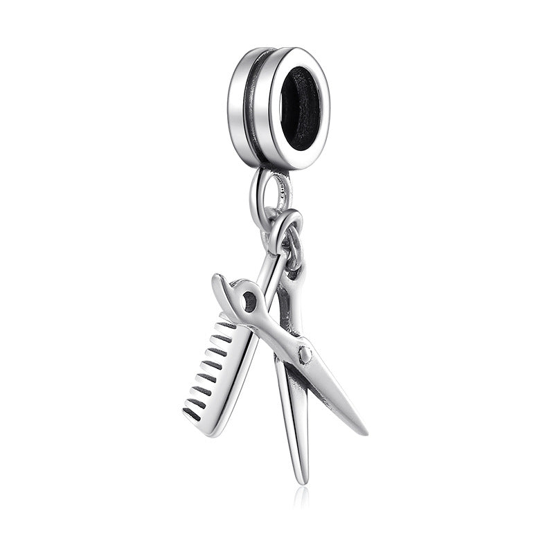 S925 Sterling Silver Scissors Comb Simple Bead Pendant