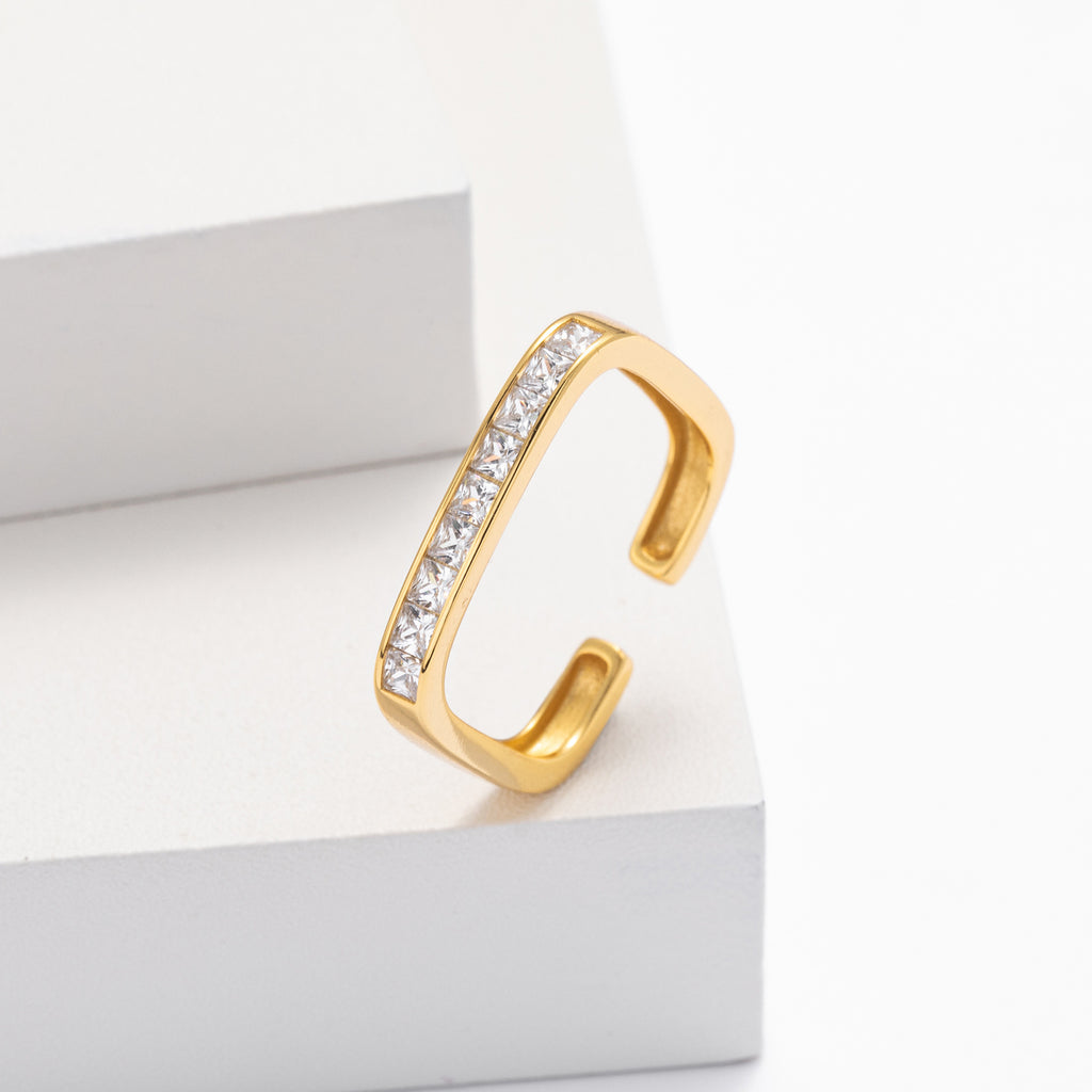 S925 sterling silver exquisite open ring set with square zircon stones