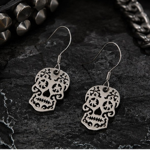 S925 Sterling Silver Halloween Openwork Skull Earrings