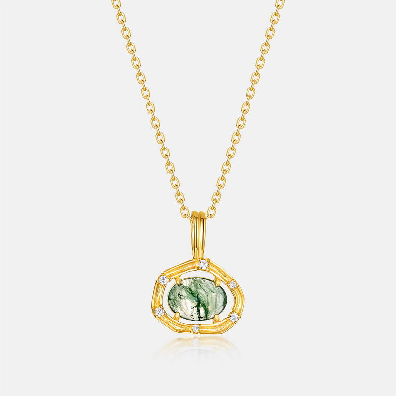 S925 Sterling Silver Gold-Plated Green Moss Pendant Necklace