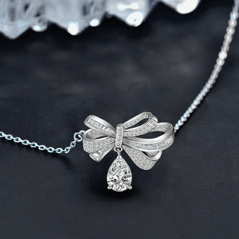 S925 Sterling Silver Tassel Bow Water Drop Moissanite Pendant Necklace