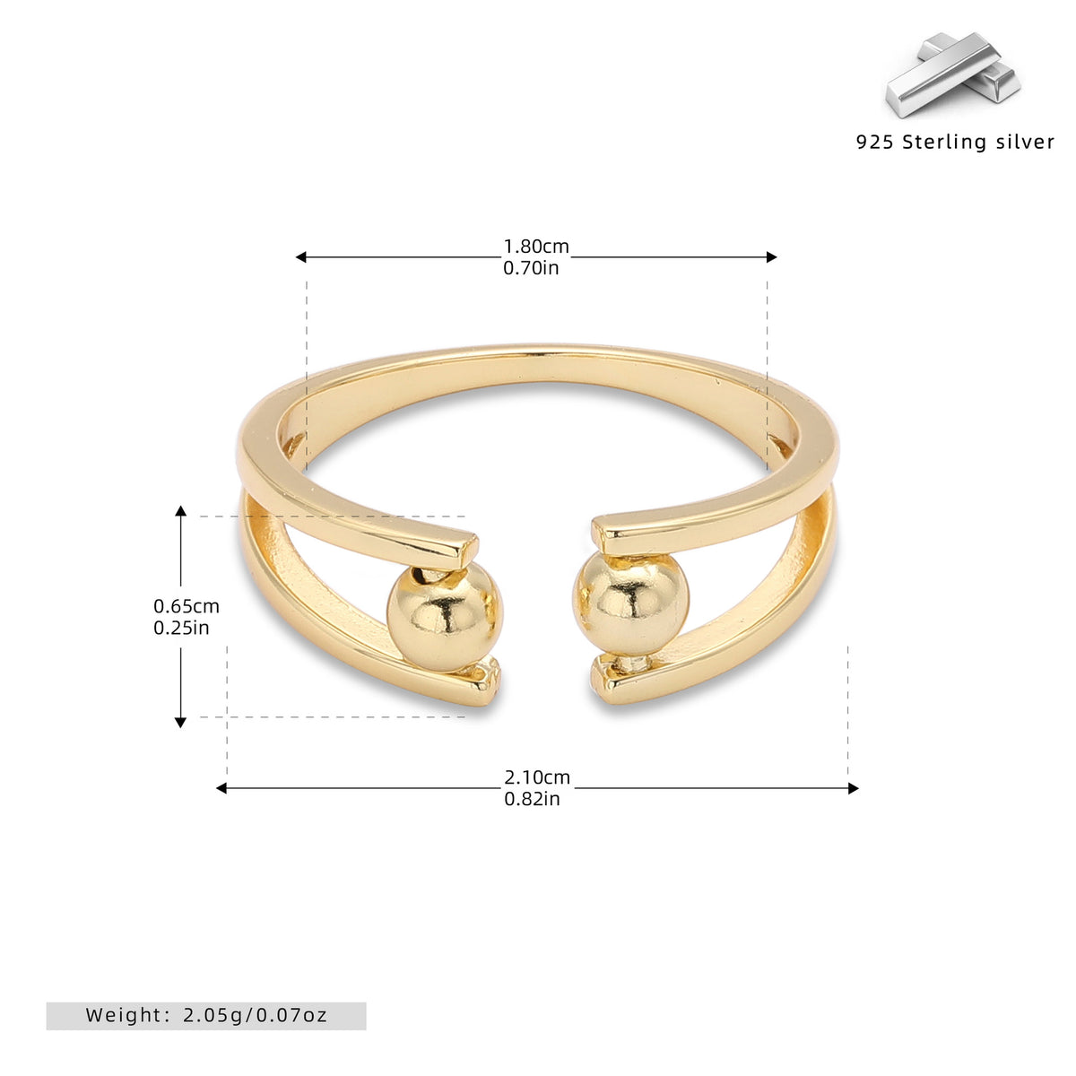 European and American S925 sterling silver double-layered beaded ring with adjustable opening