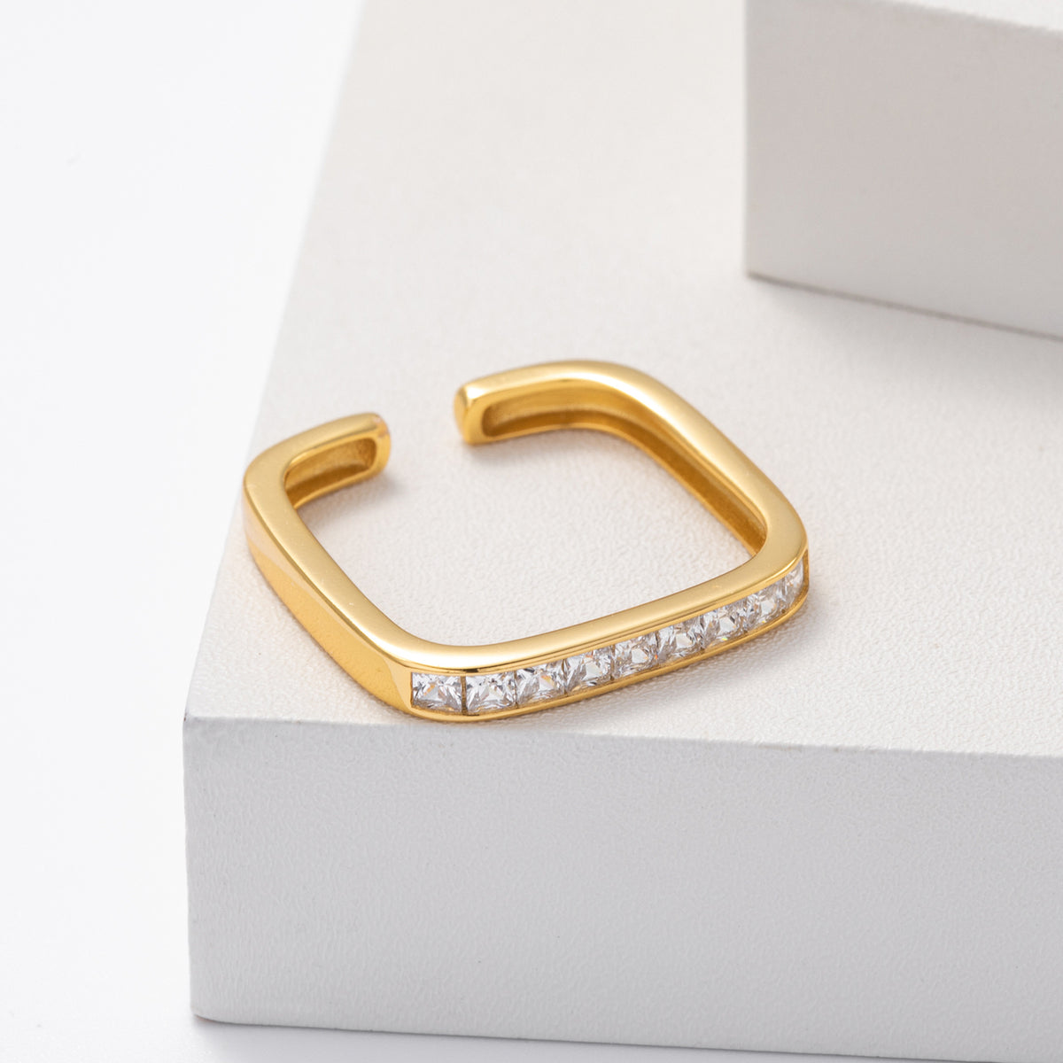 S925 sterling silver exquisite open ring set with square zircon stones