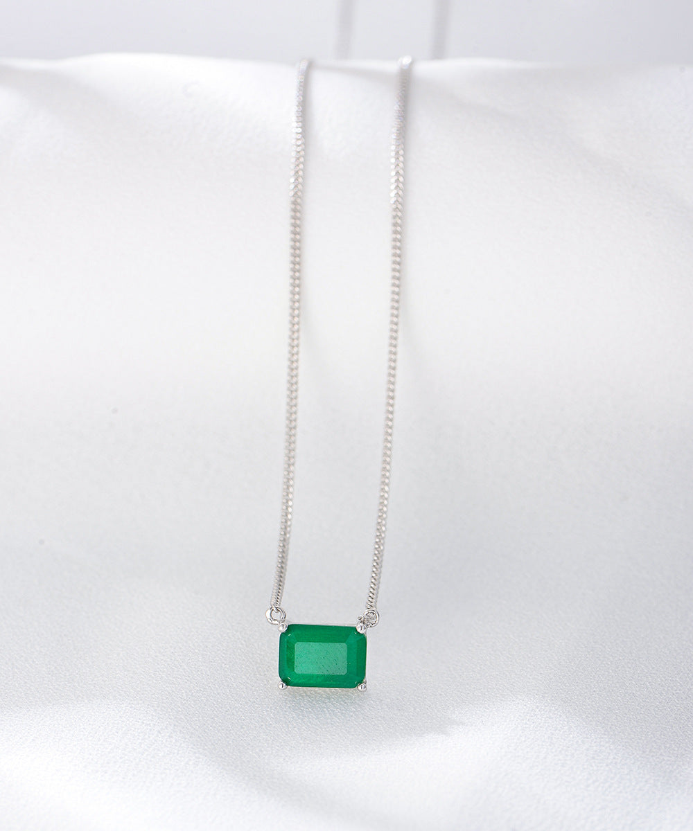 S925 Sterling Silver Square Emerald Colored Zircon Necklace