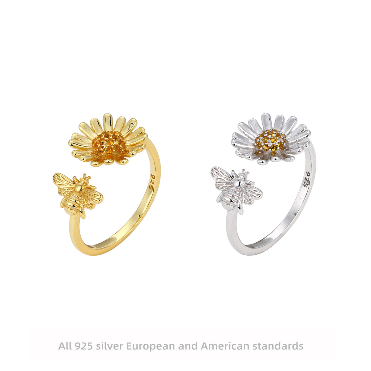 S925 Sterling Silver Creative Personalized Sunflower Bee Zirconia Ring