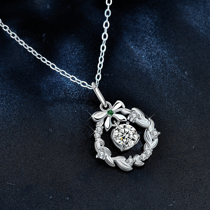 S925 Sterling Silver Moissanite Garland Christmas Bow Pendant Necklace