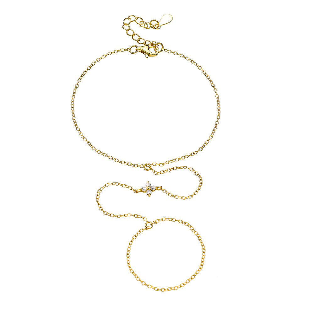 S925 Sterling Silver Four Leaf Clover Zircon Pendant Finger Chain Bracelet