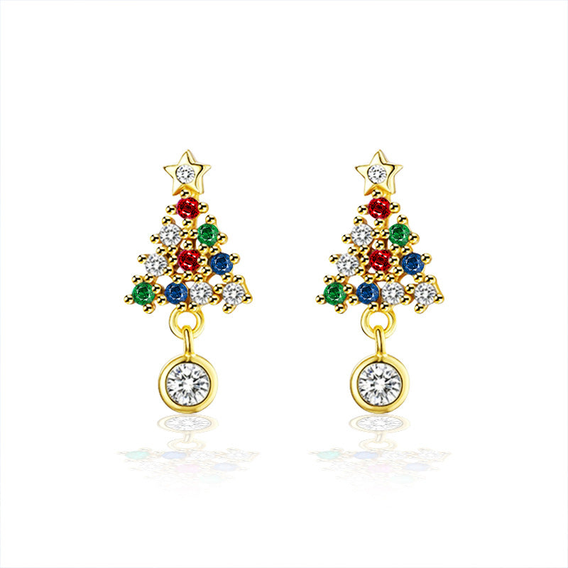 Moissanite Colorful Diamond Christmas Tree Stud Earrings — 925 Sterling Silver, Elegant Christmas Jewelry