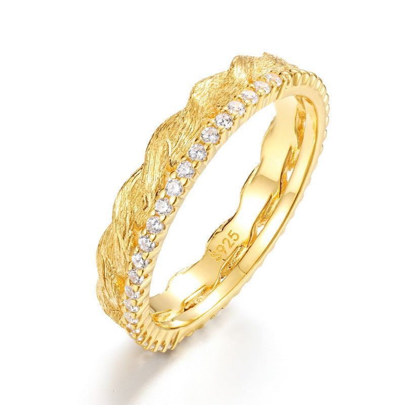 S925 Sterling Silver Gold-Plated Twisted Rope Zircon Inlaid Ring