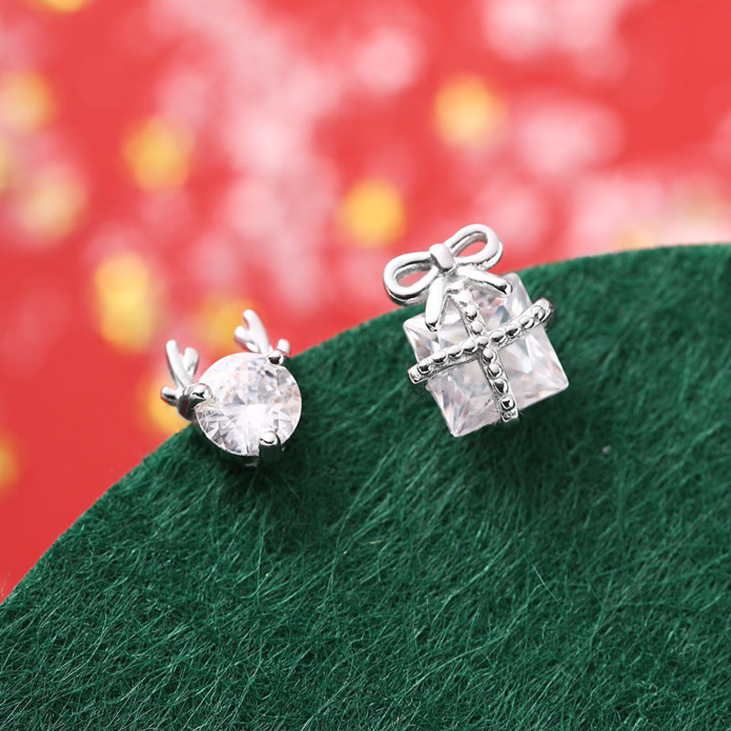 S925 Sterling Silver Asymmetrical Christmas Gift Box & Antler Stud Earrings