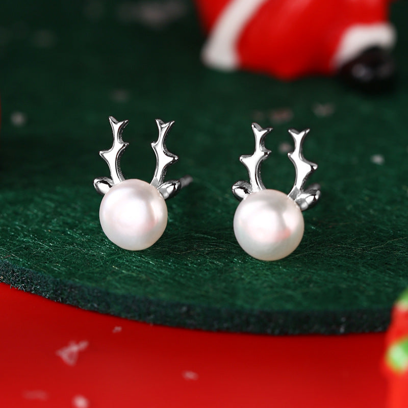 S925 Sterling Silver Christmas Reindeer and Natural Freshwater Pearl Stud Earrings