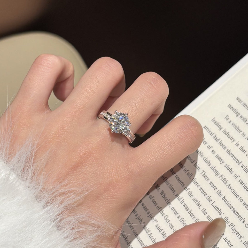 S925 Sterling Silver Six-Prong Round Colored Moissanite Ring