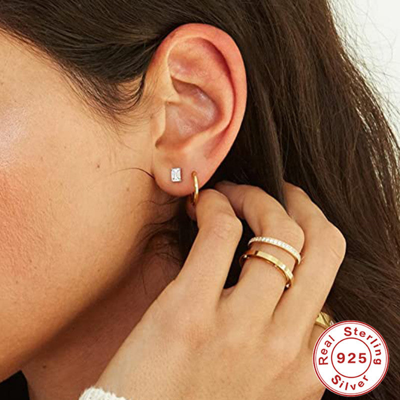S925 sterling silver geometric square zircon earrings