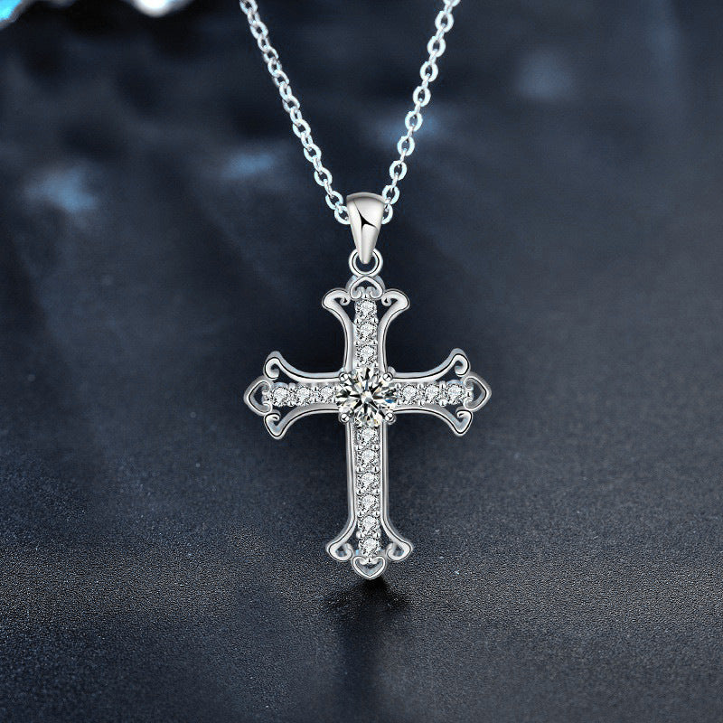 S925 Sterling Silver Moissanite Cross Pendant Necklace