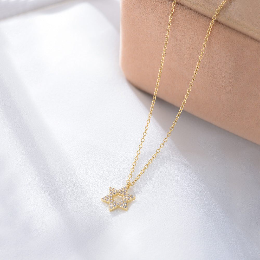 S925 Sterling Silver with Shiny Zircon Six-Pointed Star Pendant Necklace