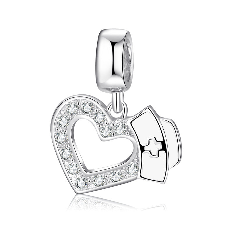S925 Sterling Silver Heart Nurse Cap Zircon Inlaid Pendant