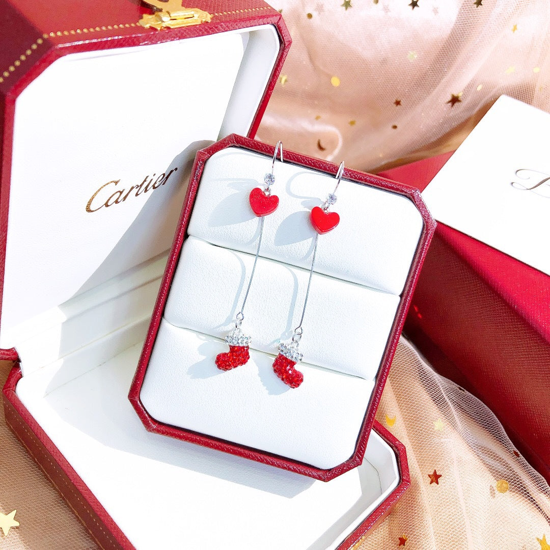 S925 Sterling Silver Christmas Santa Shoe & Heart Ear Studs