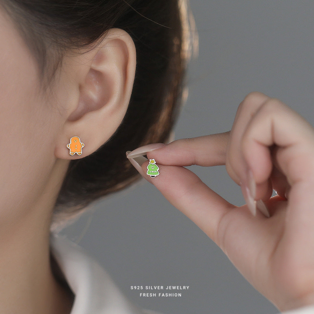 S925 Sterling Silver Gingerbread Man and Christmas Tree Stud Earrings