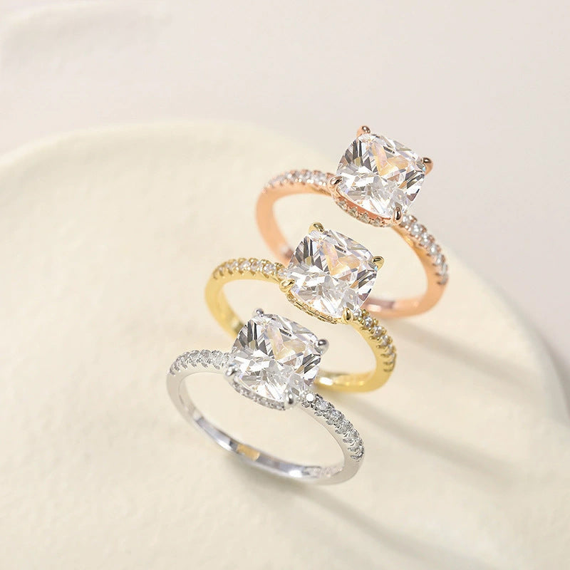 S925 silver four-claw 9 × 9 pillow 4-carat zircon ring