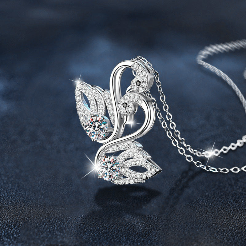 S925 Sterling Silver Moissanite Double Swan Pendant Necklace