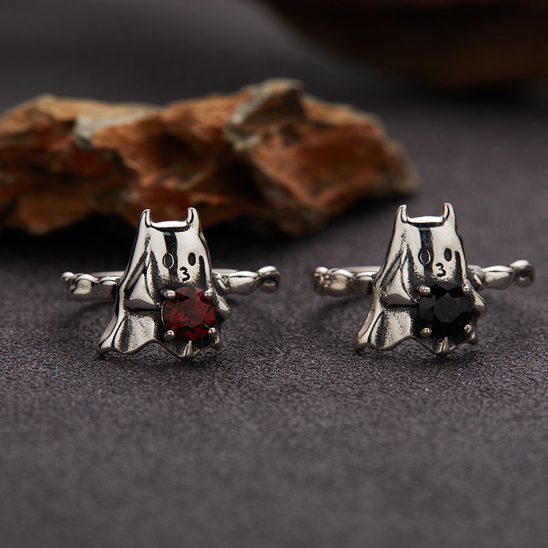 S925 Sterling Silver Halloween Ghost & Bat Open Ring with Garnet and Black Spinel
