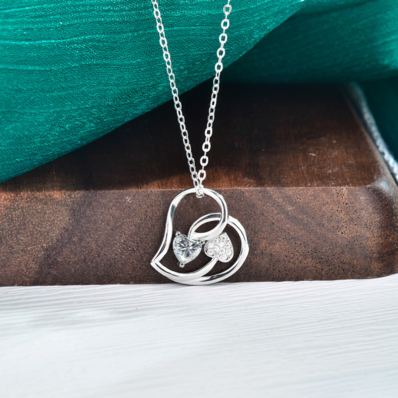 S925 Sterling Silver Double Love Moissanite Pendant Necklace