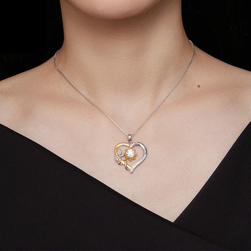 S925 Sterling Silver Moissanite Sunflower Heart-Shaped Gold Pendant Necklace