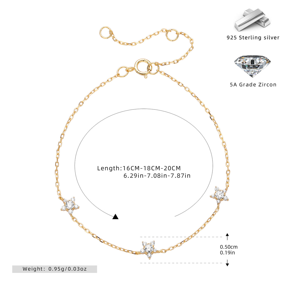 S925 Sterling Silver Pentagram Bracelet with Zirconia