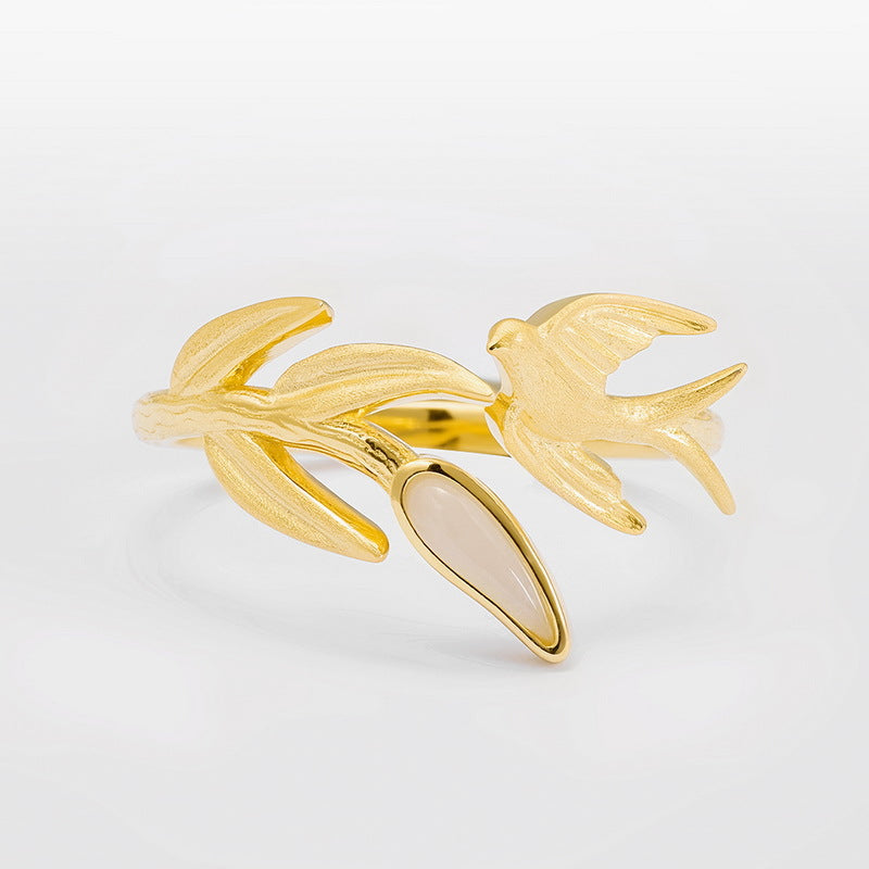 S925 Sterling Silver Gold Plated Inlaid Hetian Jade Ring 