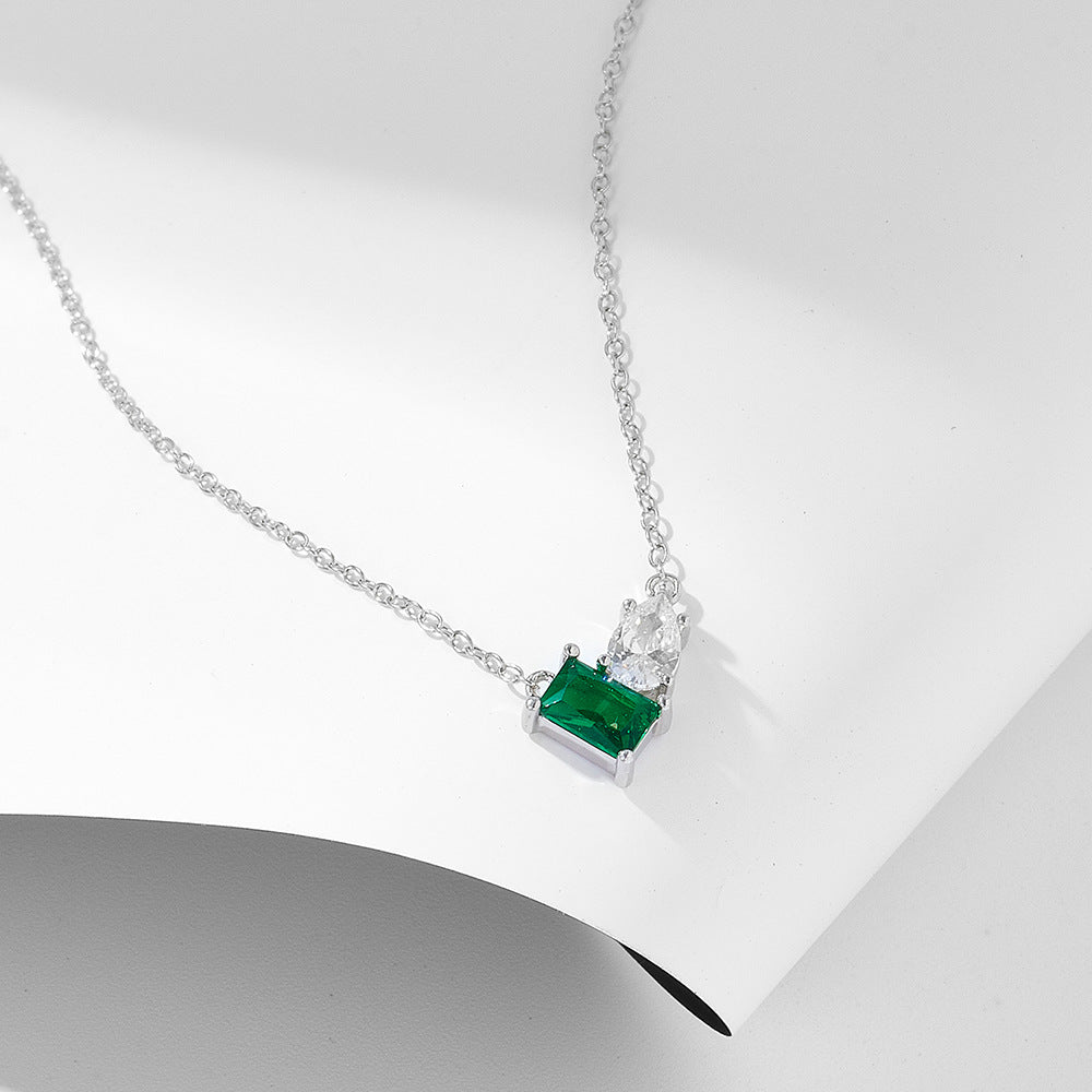S925 Sterling Silver Inlaid Emerald Rectangular Water Drop Zircon Necklace