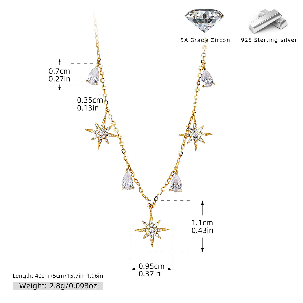 CZ Starburst Pear Drop Necklace in 925 Sterling Silver