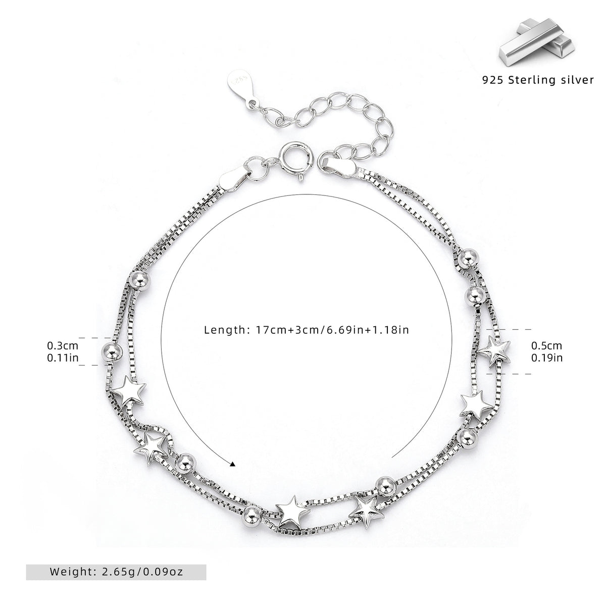 S925 Sterling Silver Double-Layer Bracelet with Small Stars